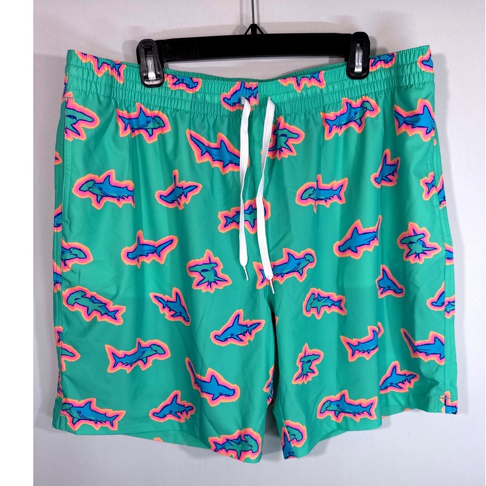 Chubbies Swim Trunks Teal Blue Pink Shark Print Drawstring Pockets Mens XXL NWOT